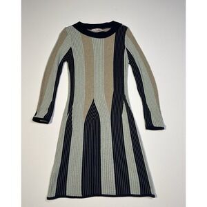 Womens See By Chloe Long Sleeve Knit Midi Dress Medium Blue Tan FALL CHIC Cozy